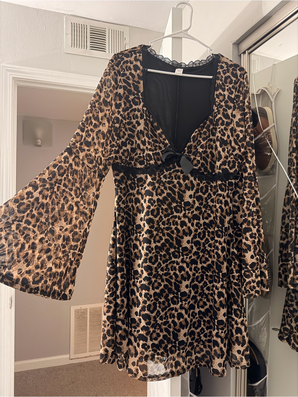 Leopard Print Lace-Trim Babydoll Nightdress - Brown/Black